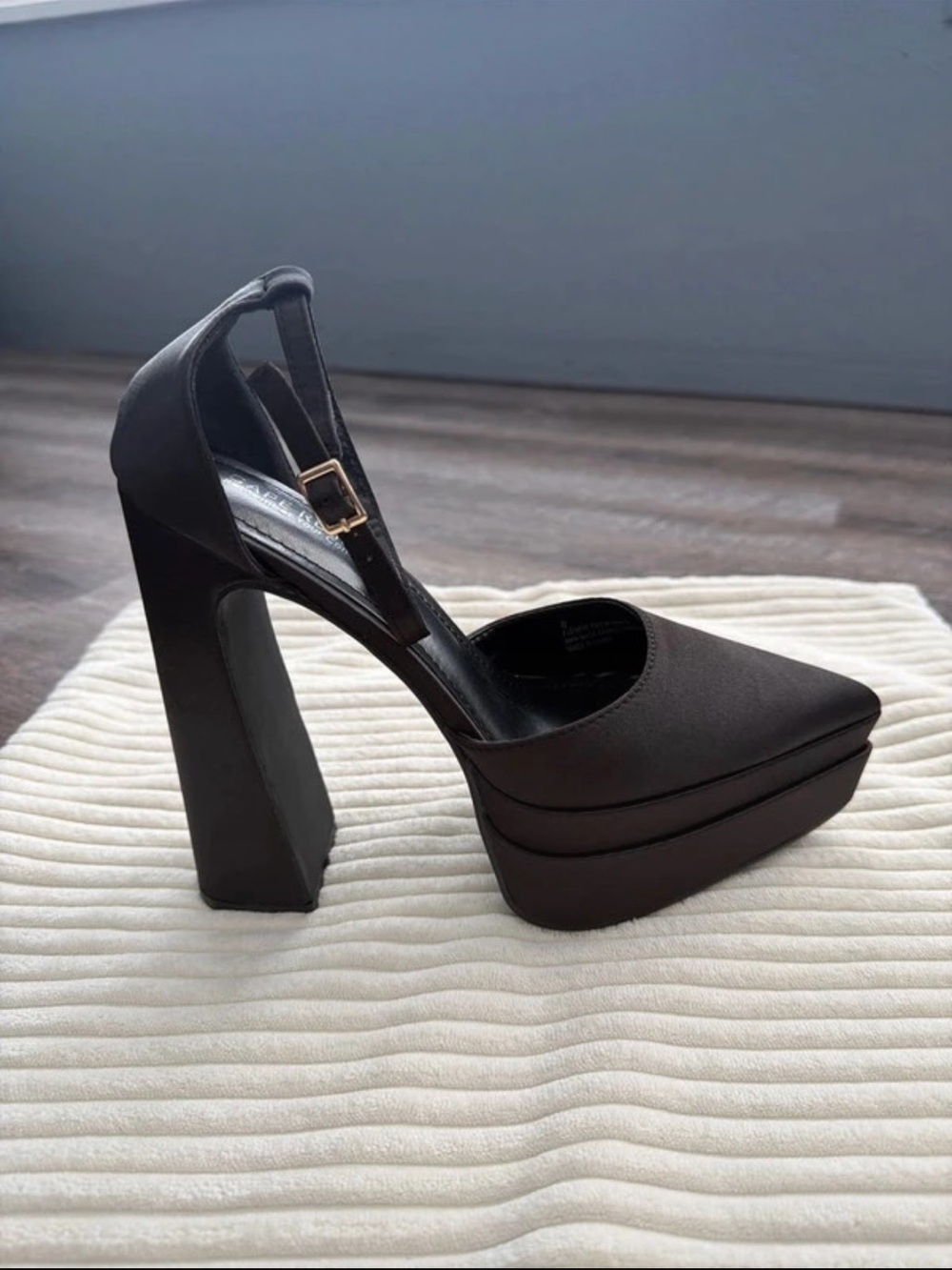 Women's Black Platform Block Heel Pumps with Ankle Strap